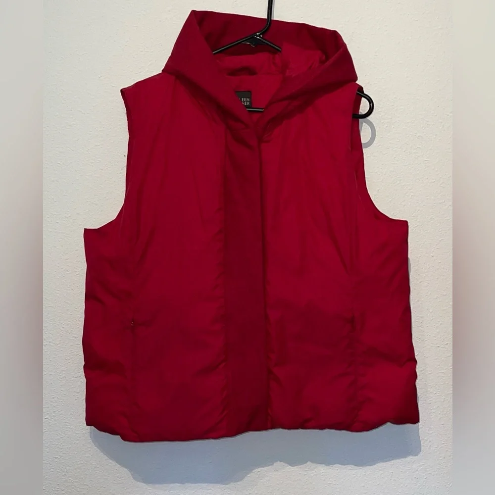 Eileen Fisher Womens Deep Red Down Vest Full Zip Snap Hooded Pockets Warm EUC XL - Picture 1 of 10